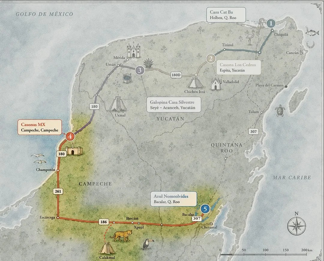 Illustrated map of the Yucatán Peninsula showing the route from Campeche to Bacalar on highways 180, 261, 186 and 307, with Becán and the optional access to Calakmul