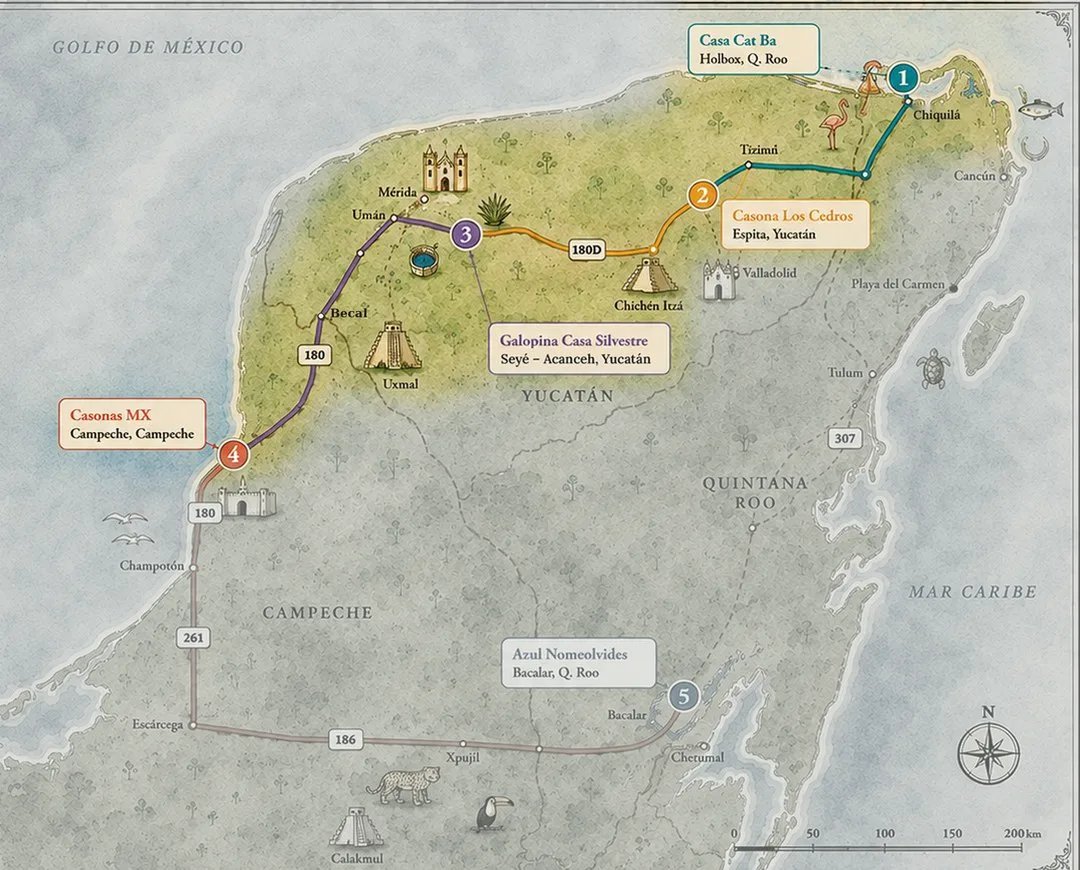 Illustrated map of the Yucatán Peninsula showing the road from Campeche to Holbox via the Ring of Cenotes and Espita, with the four houses of the route along the way.
