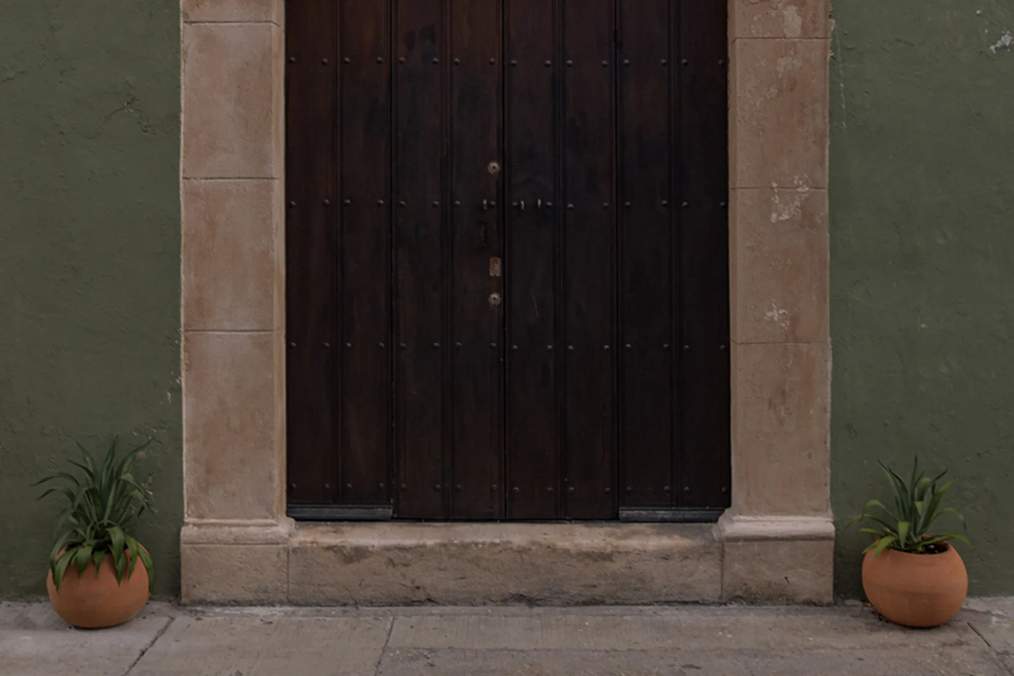 Dark wooden portal with a stone frame and potted plants on either side, at the Narrativ Lofts house on Calle 12
