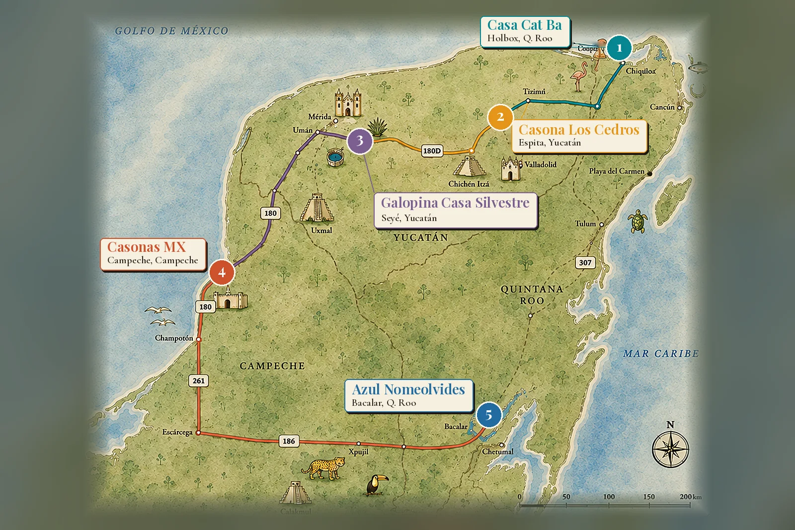 Illustrated map of the Yucatán Peninsula showing the Las Casas de la Península route and its five houses: Casa Cat Ba, Casona Los Cedros, Galopina Casa Silvestre, Casonas MX and Azul Nomeolvides