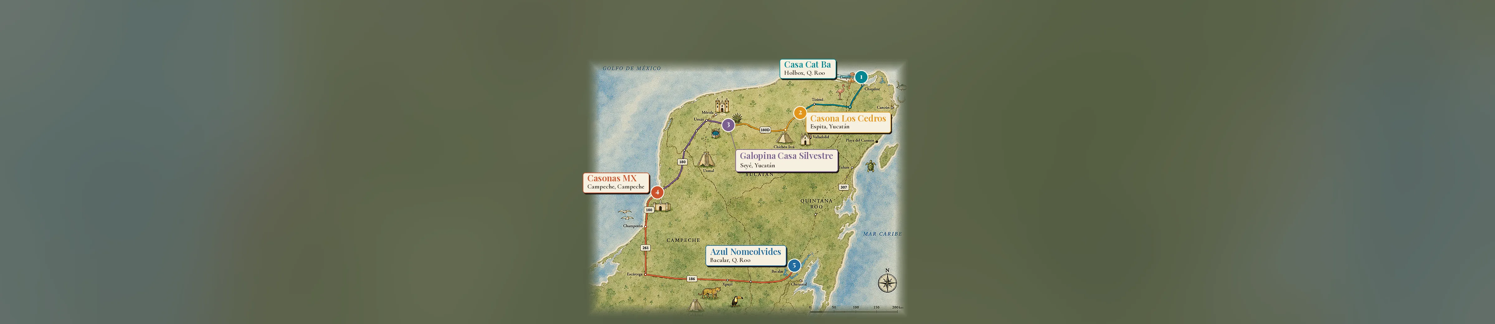 Illustrated map of the Yucatán Peninsula showing the Las Casas de la Península route and its five houses: Casa Cat Ba, Casona Los Cedros, Galopina Casa Silvestre, Casonas MX and Azul Nomeolvides