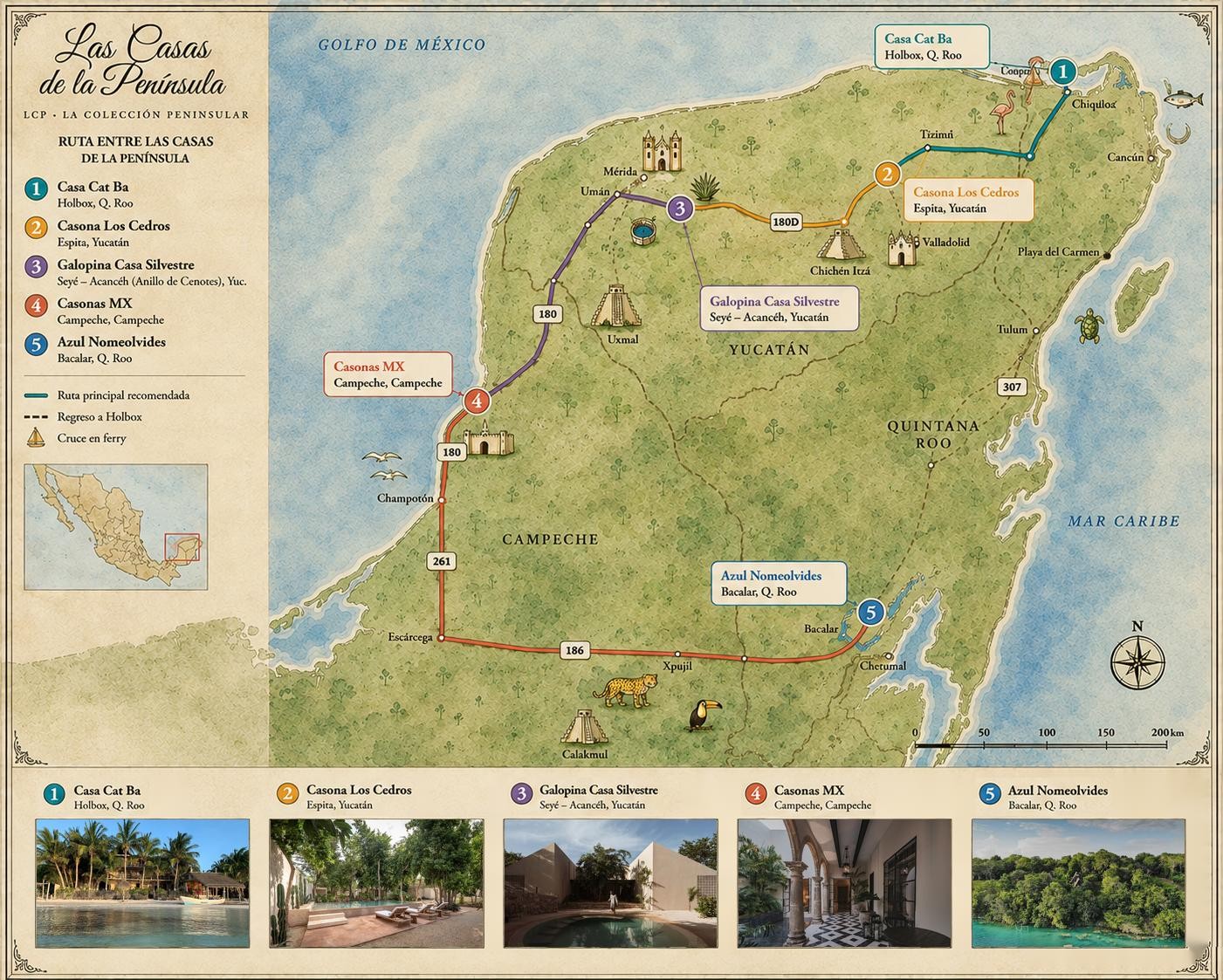 Illustrated map of the Yucatán Peninsula with the five houses of Las Casas de la Península: Holbox, Espita, Seyé, Campeche and Bacalar